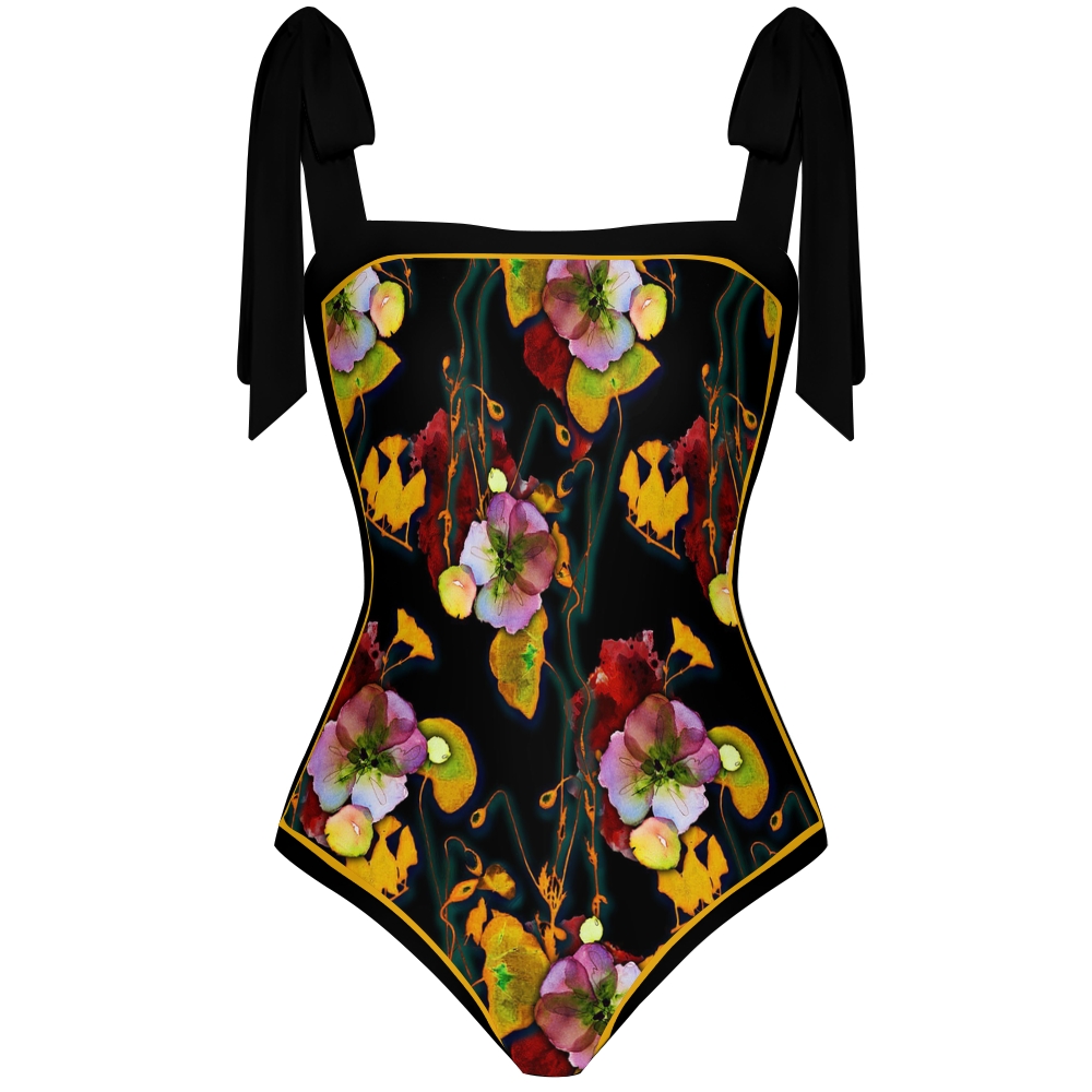 Women's Artistic Floral Print Tie-up One-piece Swimsuit