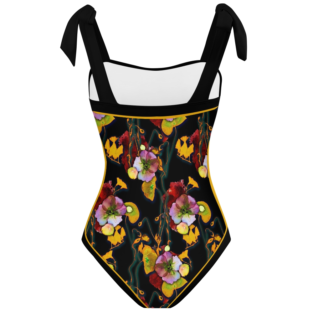 Women's Artistic Floral Print Tie-up One-piece Swimsuit