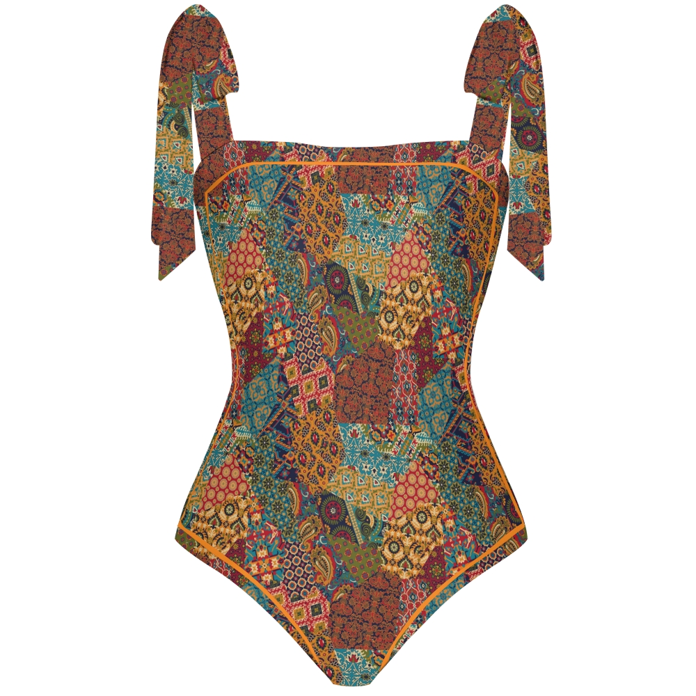 Women's Colorful Bohemian Patchwork Print Tie-up One-piece Swimsuit