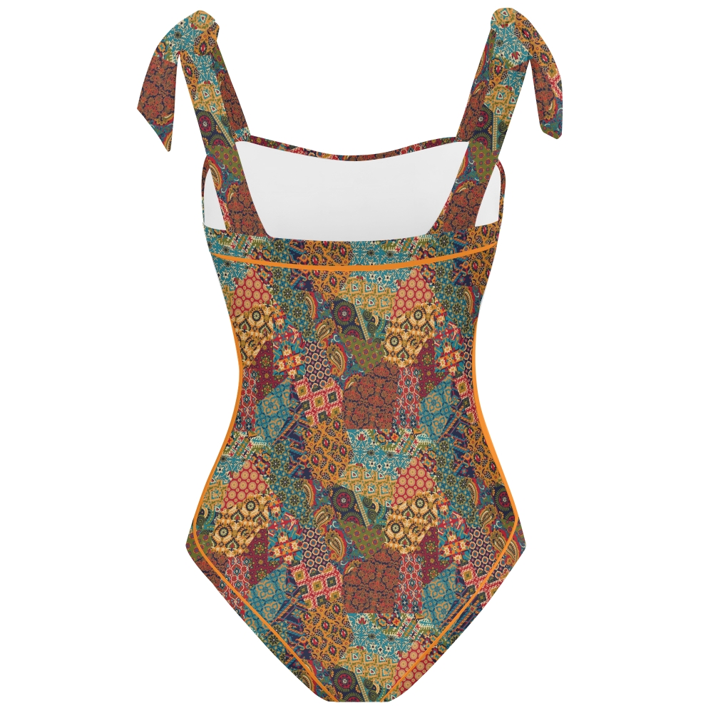 Women's Colorful Bohemian Patchwork Print Tie-up One-piece Swimsuit