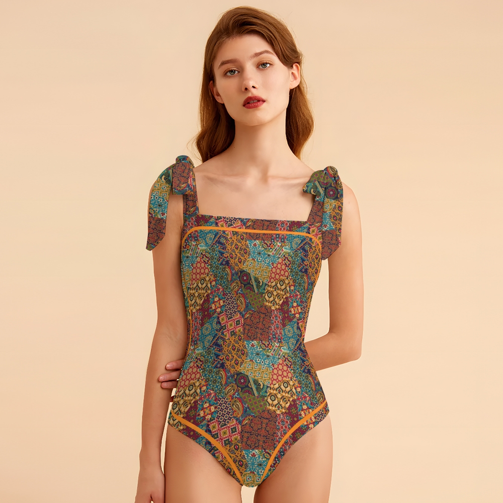 Women's Colorful Bohemian Patchwork Print Tie-up One-piece Swimsuit