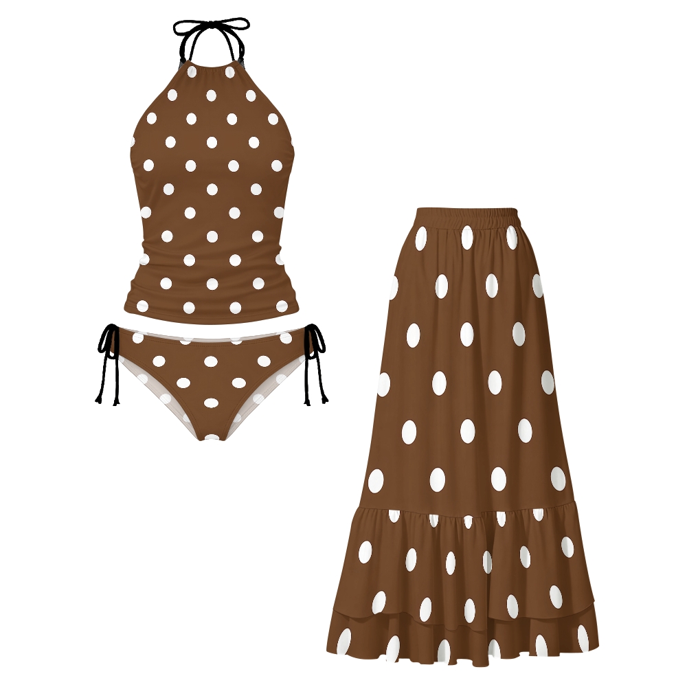 Vintage Polka Dot Halter Side Tie Tankini Set with Matching Skirt