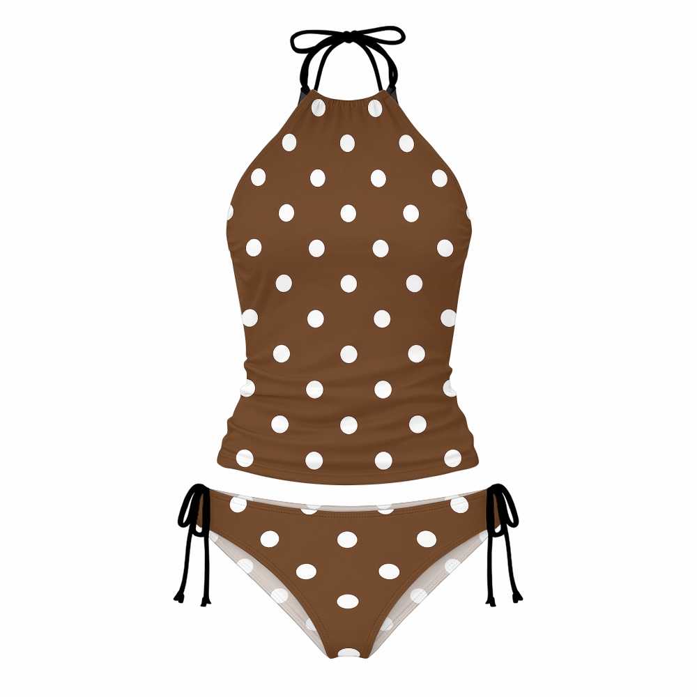 Vintage Polka Dot Halter Side Tie Tankini Set with Matching Skirt