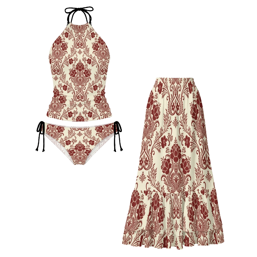 Vintage Baroque Paisley Halter Side Tie Tankini Set With Skirt