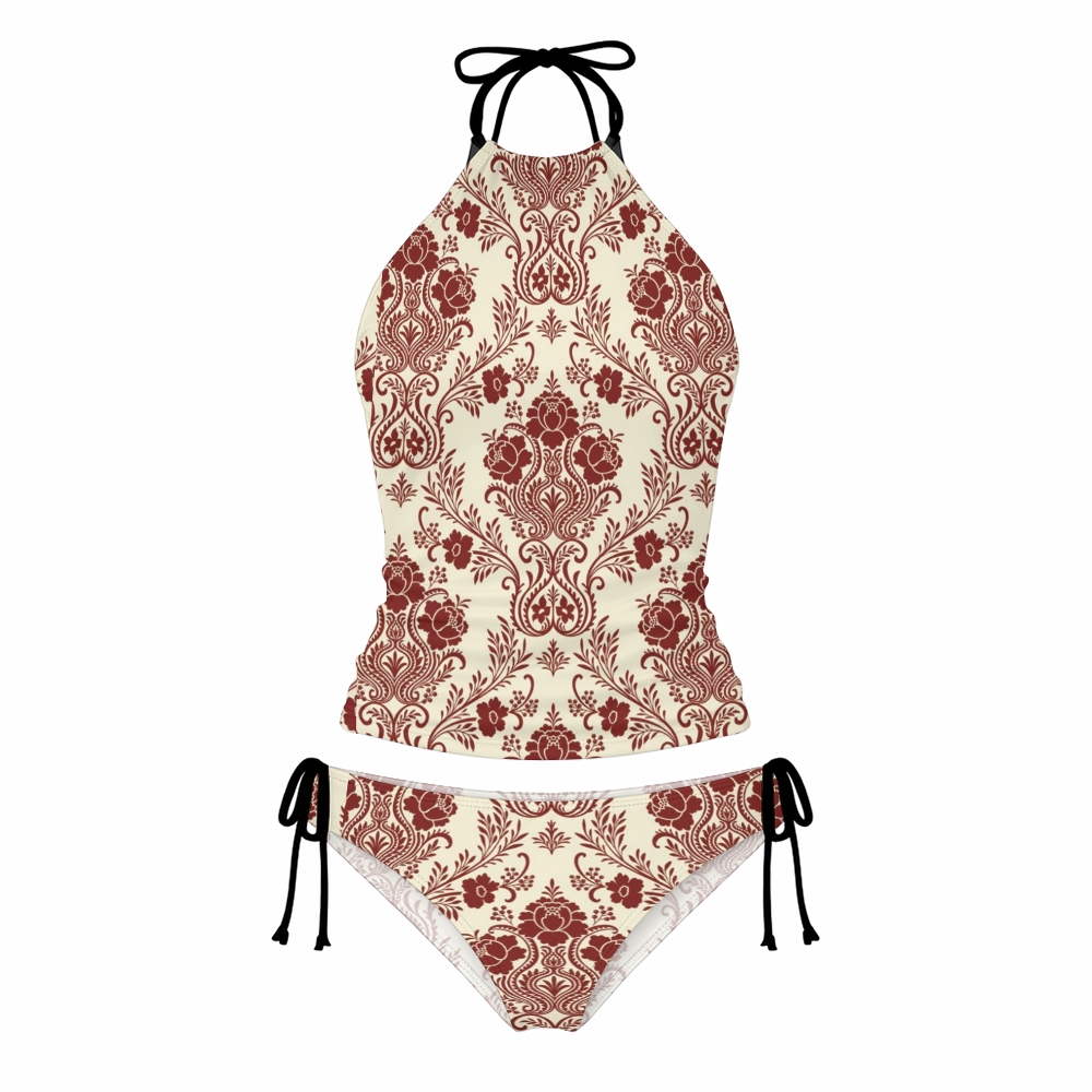 Vintage Baroque Paisley Halter Side Tie Tankini Set With Skirt