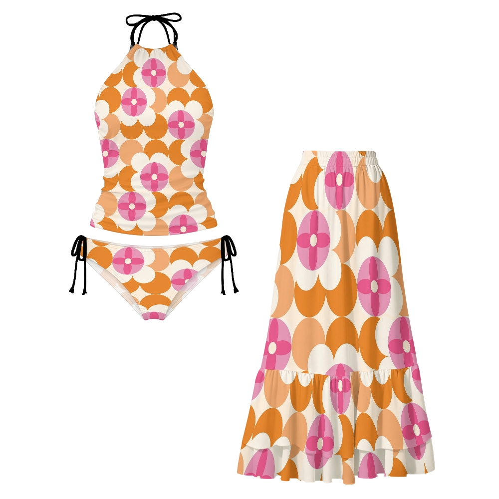 Geometric Floral Halter Side Tie Tankini Set With Matching Skirt