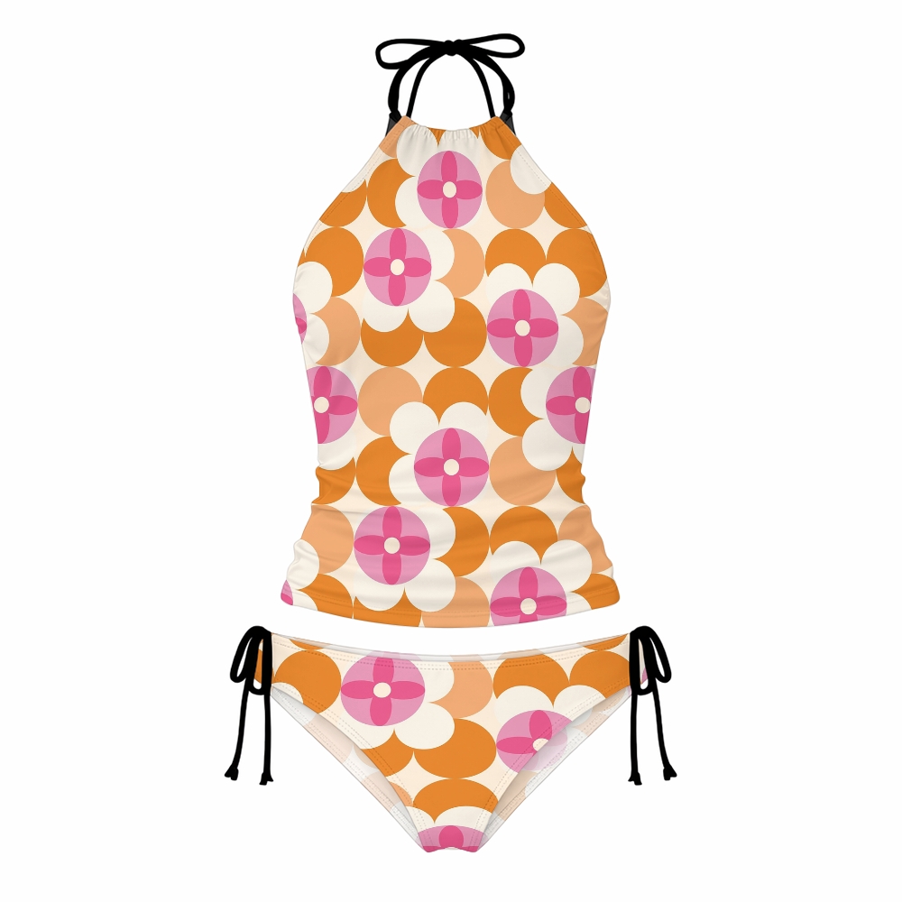 Geometric Floral Halter Side Tie Tankini Set With Matching Skirt