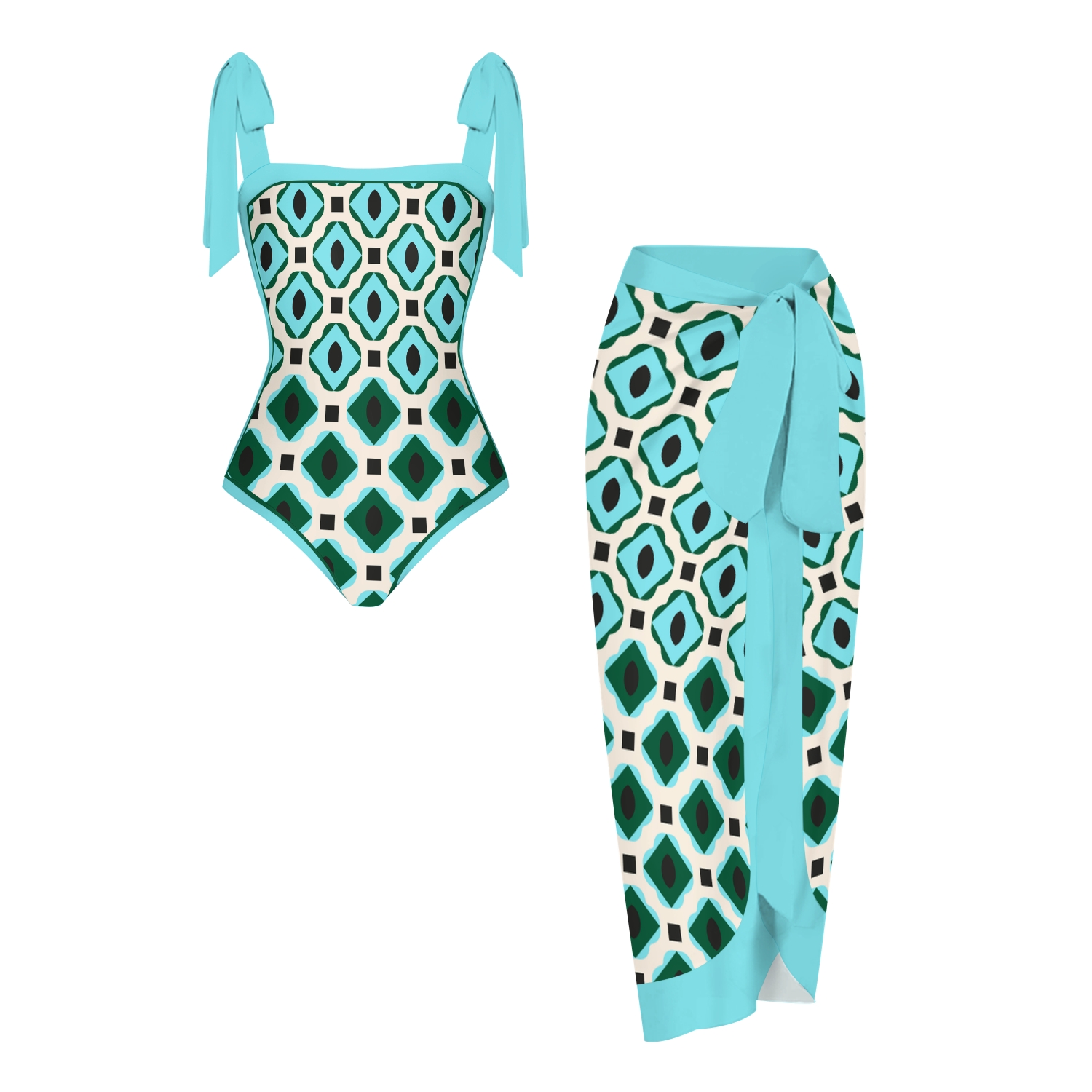Women's Teal Green Geometric Tile Print Tie-up One-piece Swimsuit