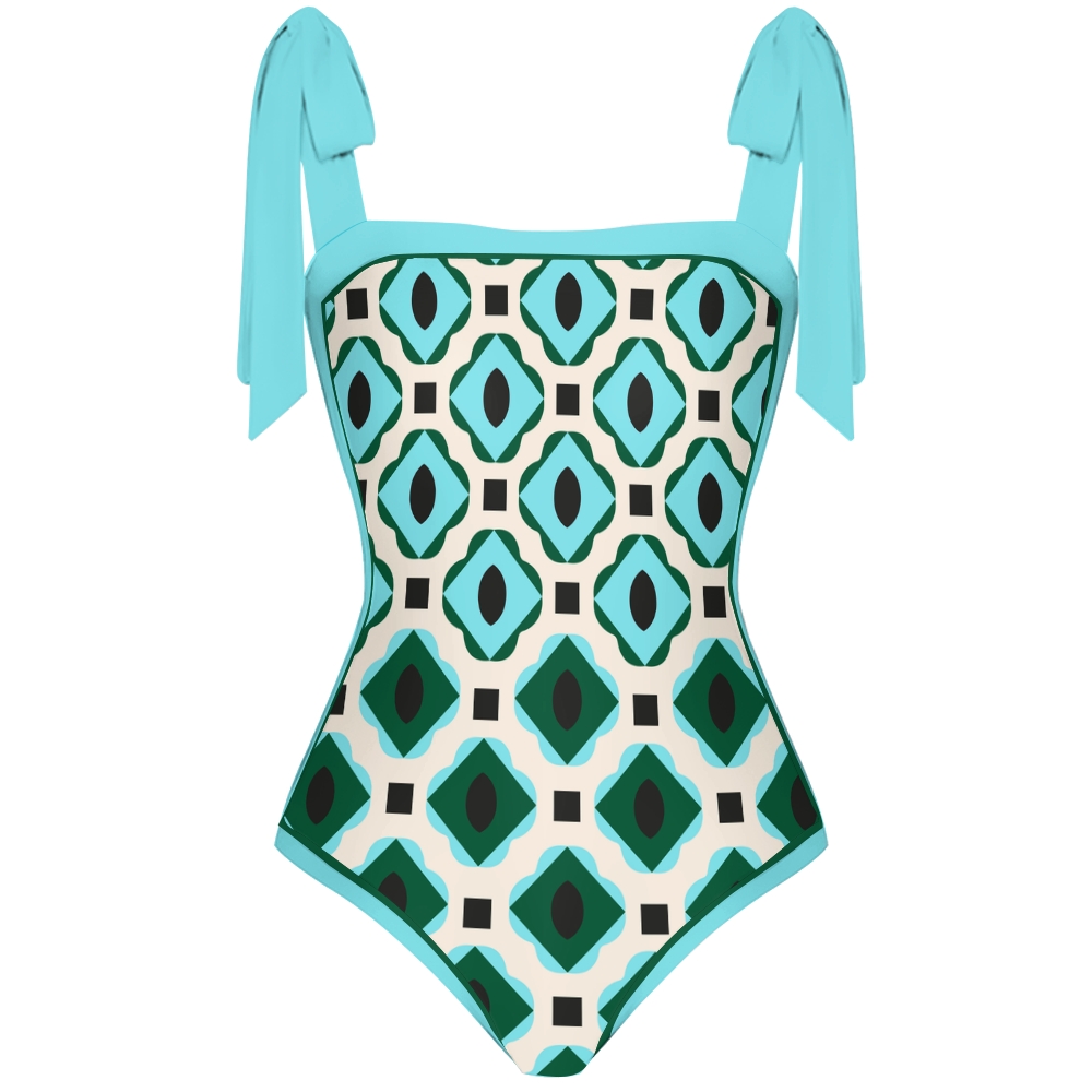 Women's Teal Green Geometric Tile Print Tie-up One-piece Swimsuit