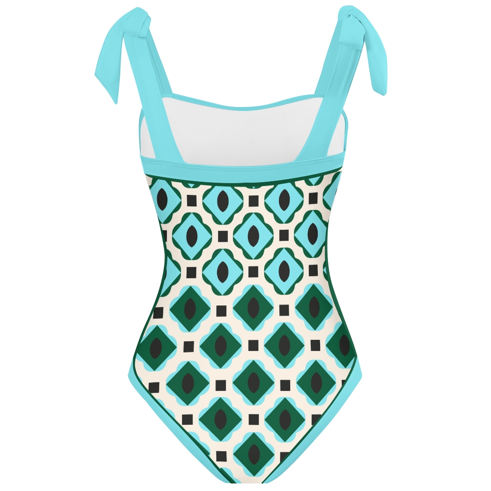 Women's Teal Green Geometric Tile Print Tie-up One-piece Swimsuit
