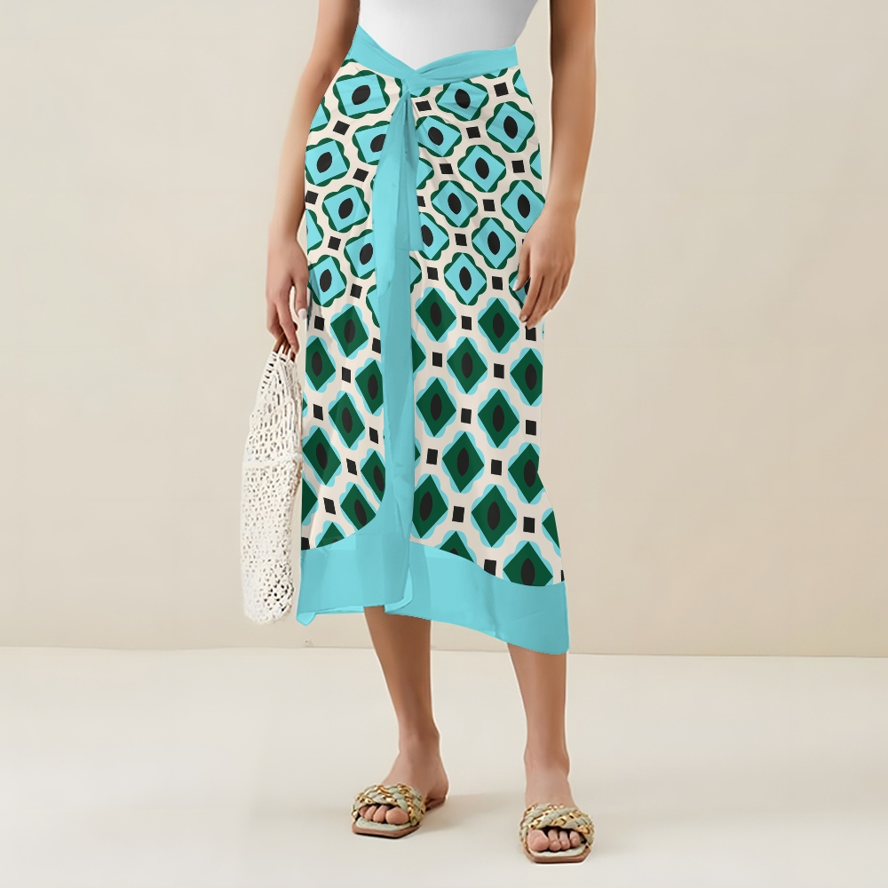 Women's Teal Green Geometric Tile Print Tie-up One-piece Swimsuit