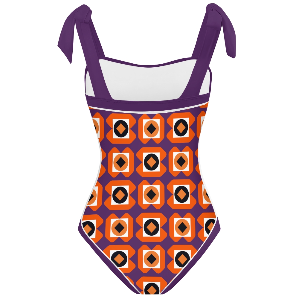 Women's Purple Orange Black Square Print Tie-up One-piece Swimsuit