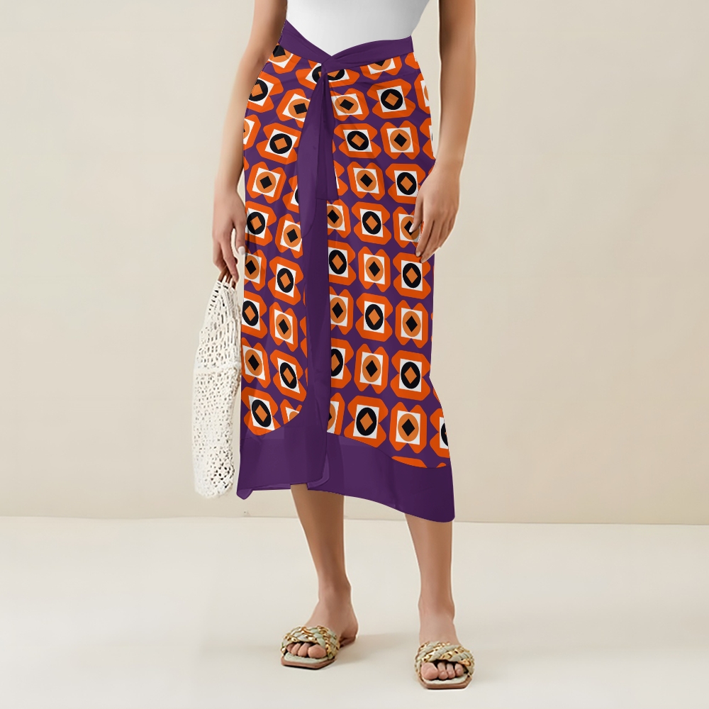 Women's Purple Orange Black Square Print Tie-up One-piece Swimsuit