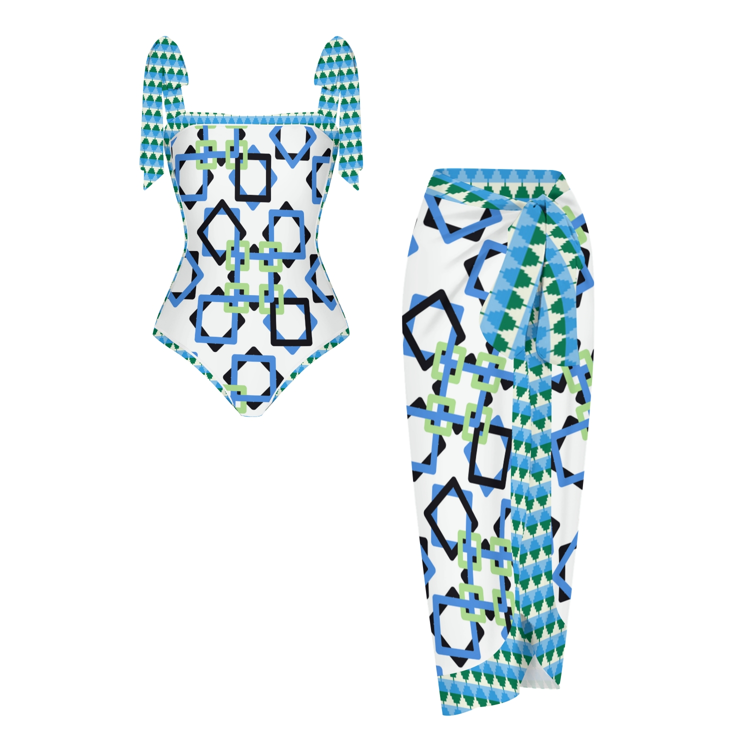 Women's Blue Black Green Linked Square Print Tie-up One-piece Swimsuit