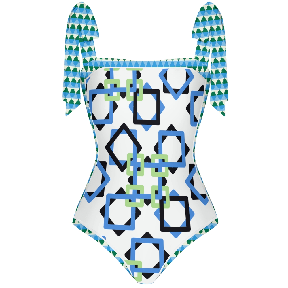 Women's Blue Black Green Linked Square Print Tie-up One-piece Swimsuit