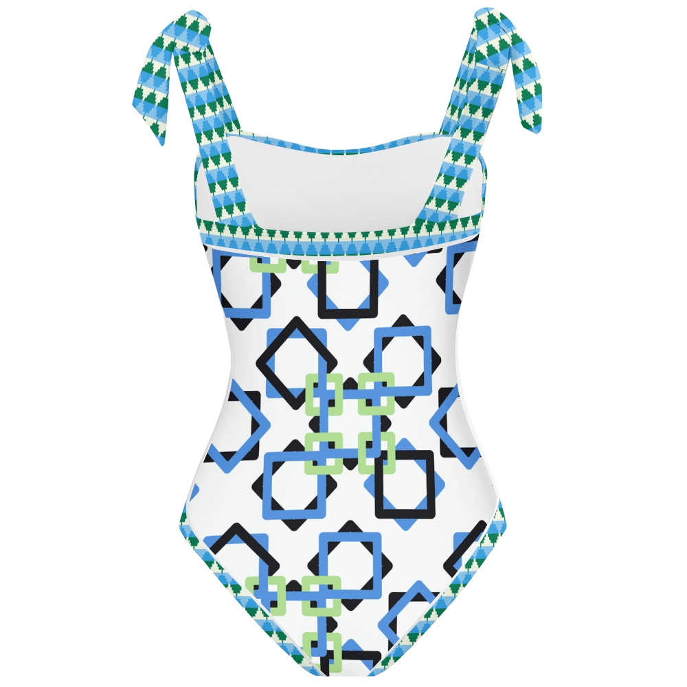 Women's Blue Black Green Linked Square Print Tie-up One-piece Swimsuit