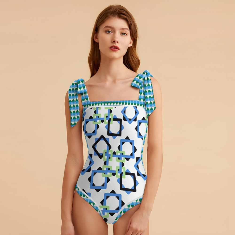 Women's Blue Black Green Linked Square Print Tie-up One-piece Swimsuit