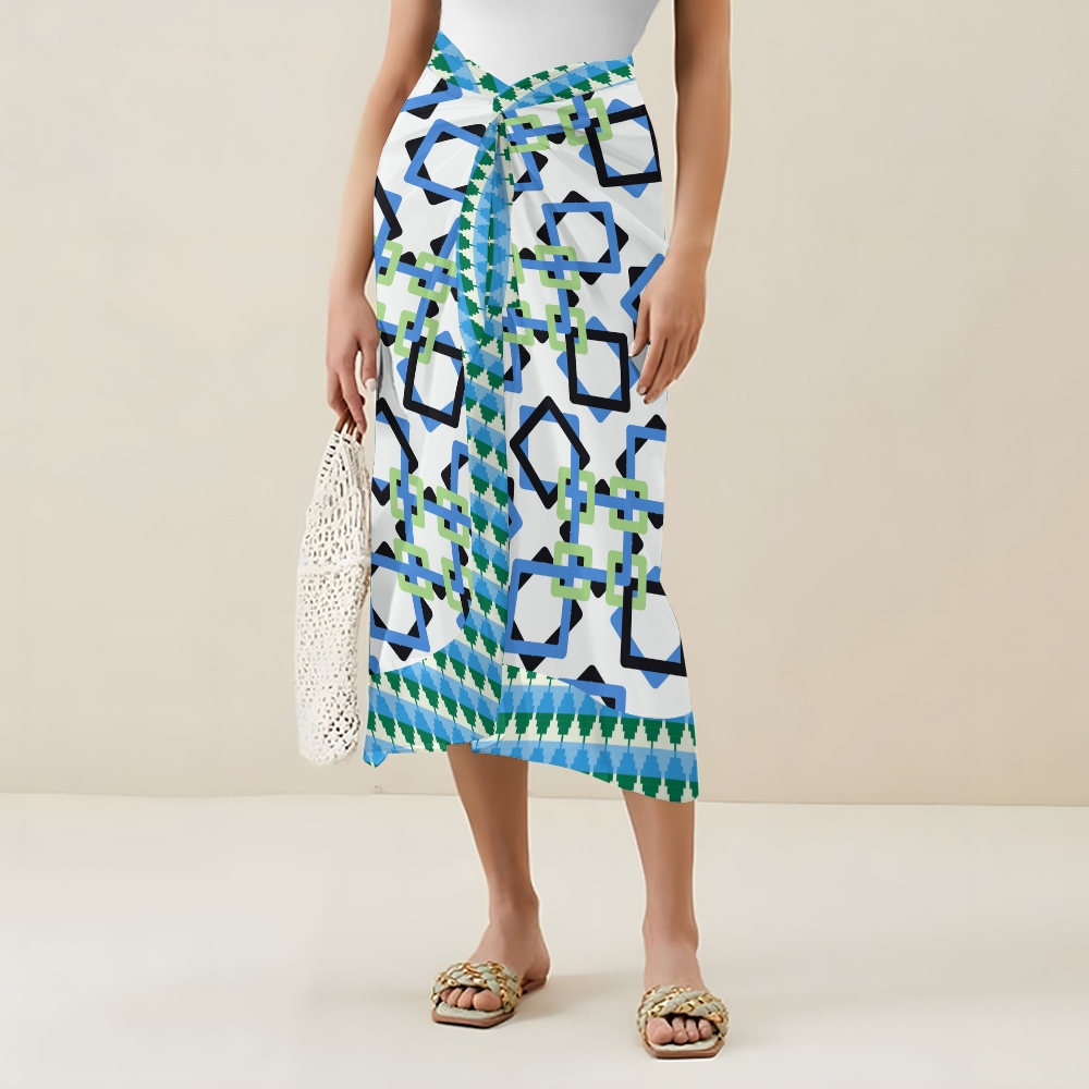 Women's Blue Black Green Linked Square Print Tie-up One-piece Swimsuit