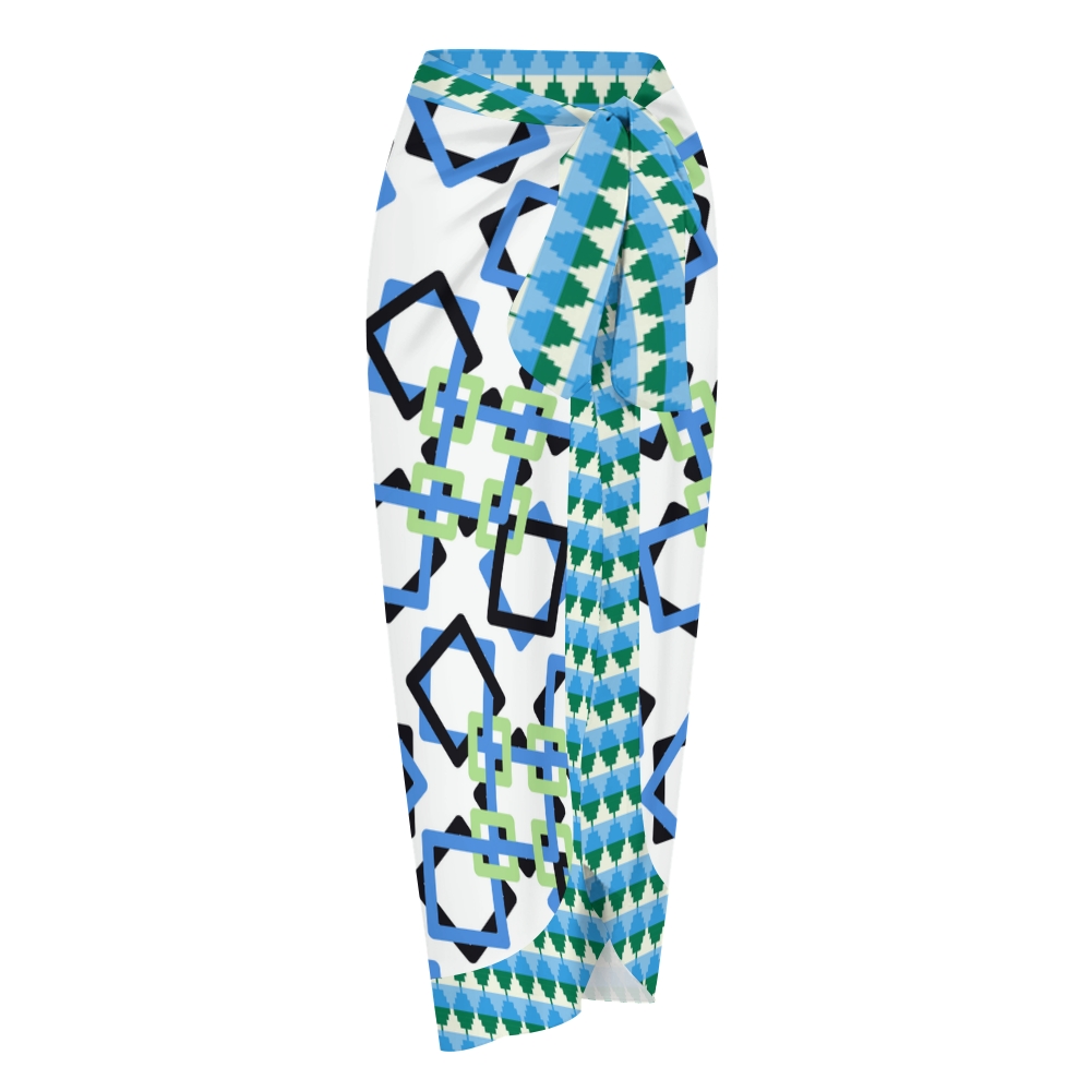Women's Blue Black Green Linked Square Print Tie-up One-piece Swimsuit