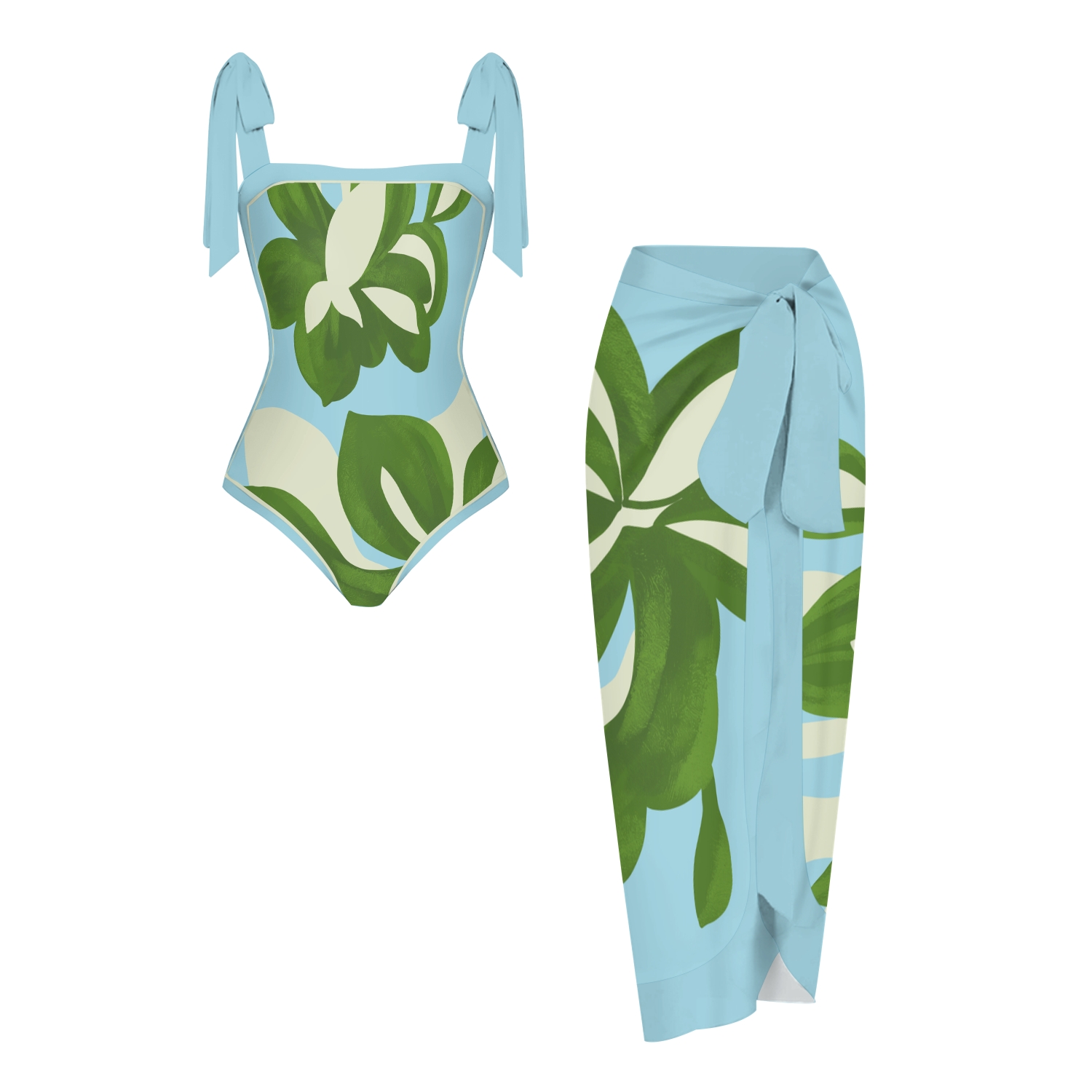 Women's Green White Leaf Block Print Tie-up One-piece Swimsuit