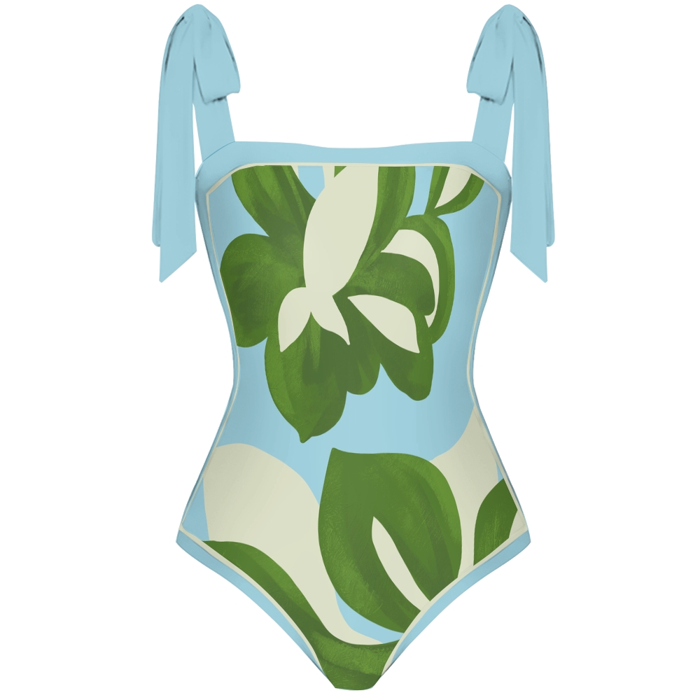 Women's Green White Leaf Block Print Tie-up One-piece Swimsuit