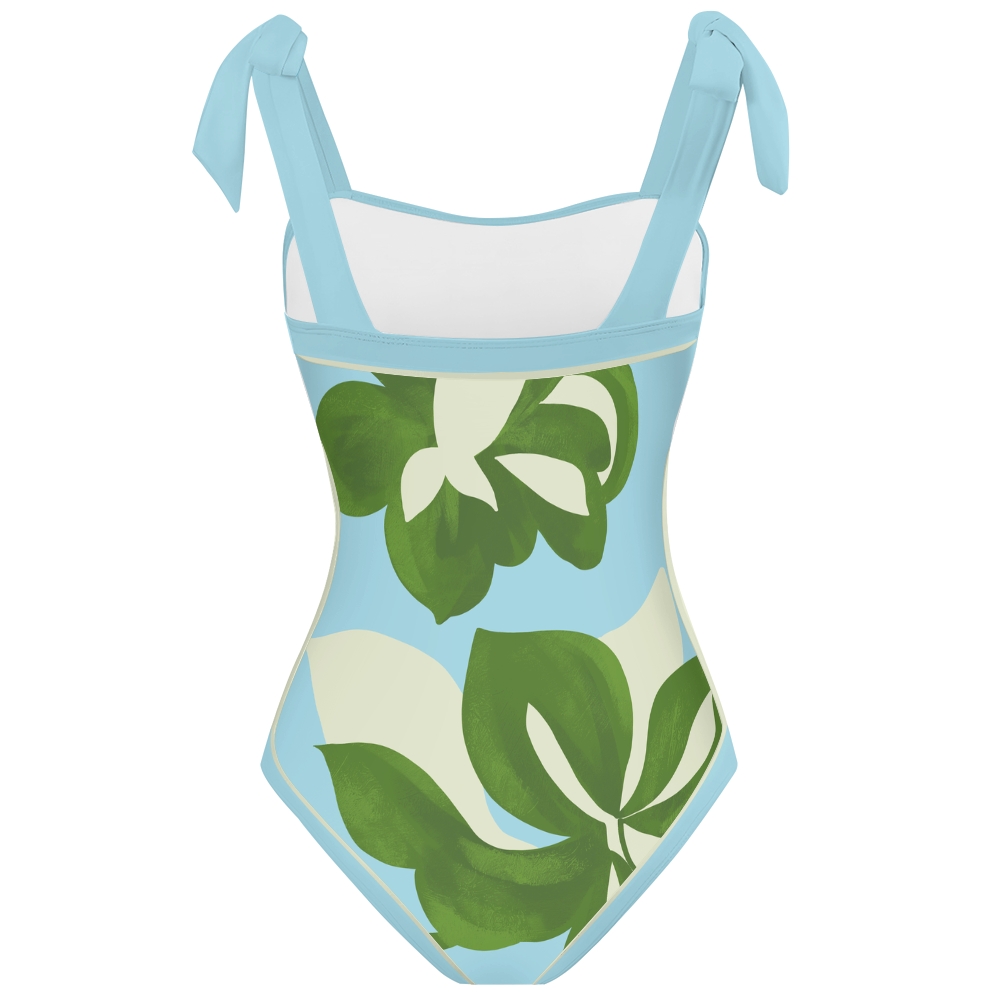 Women's Green White Leaf Block Print Tie-up One-piece Swimsuit