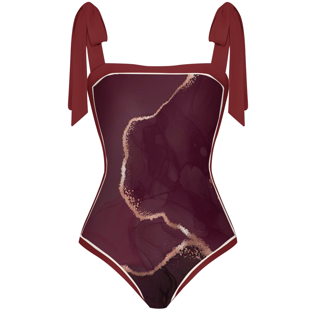 Women's Burgundy Gold Marble Print Tie-up One-piece Swimsuit