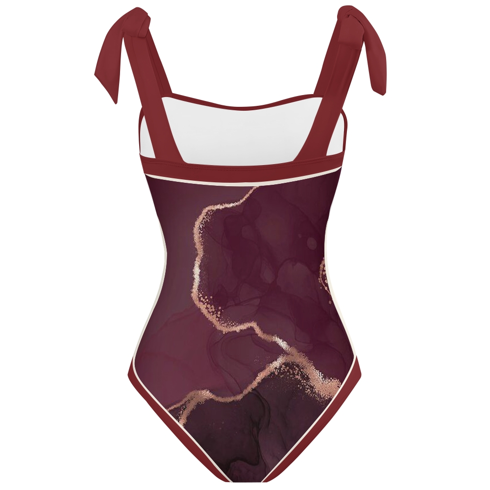 Women's Burgundy Gold Marble Print Tie-up One-piece Swimsuit