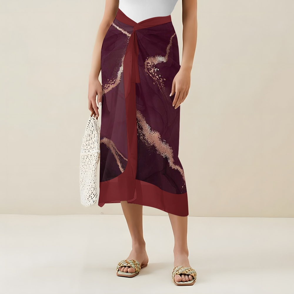 Women's Burgundy Gold Marble Print Tie-up One-piece Swimsuit