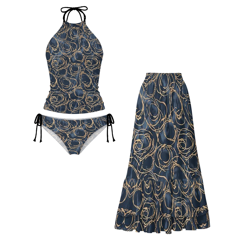 Abstract Line Circle Print Halter Side Tie Tankini Set With Skirt