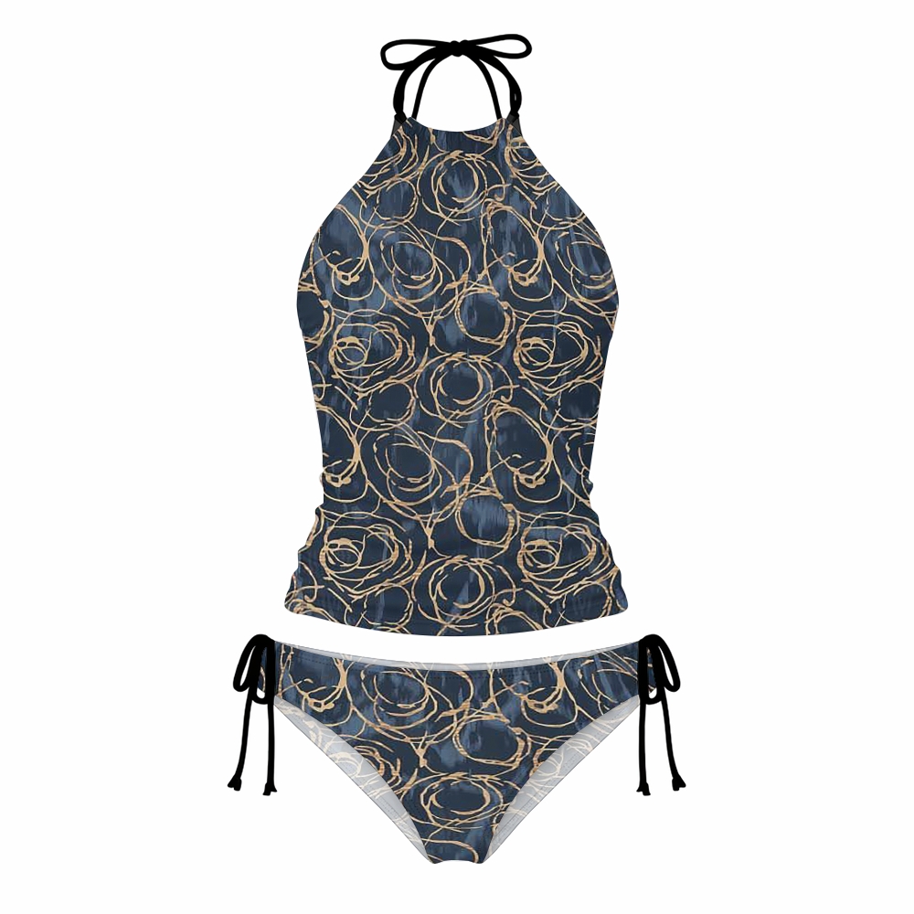 Abstract Line Circle Print Halter Side Tie Tankini Set With Skirt