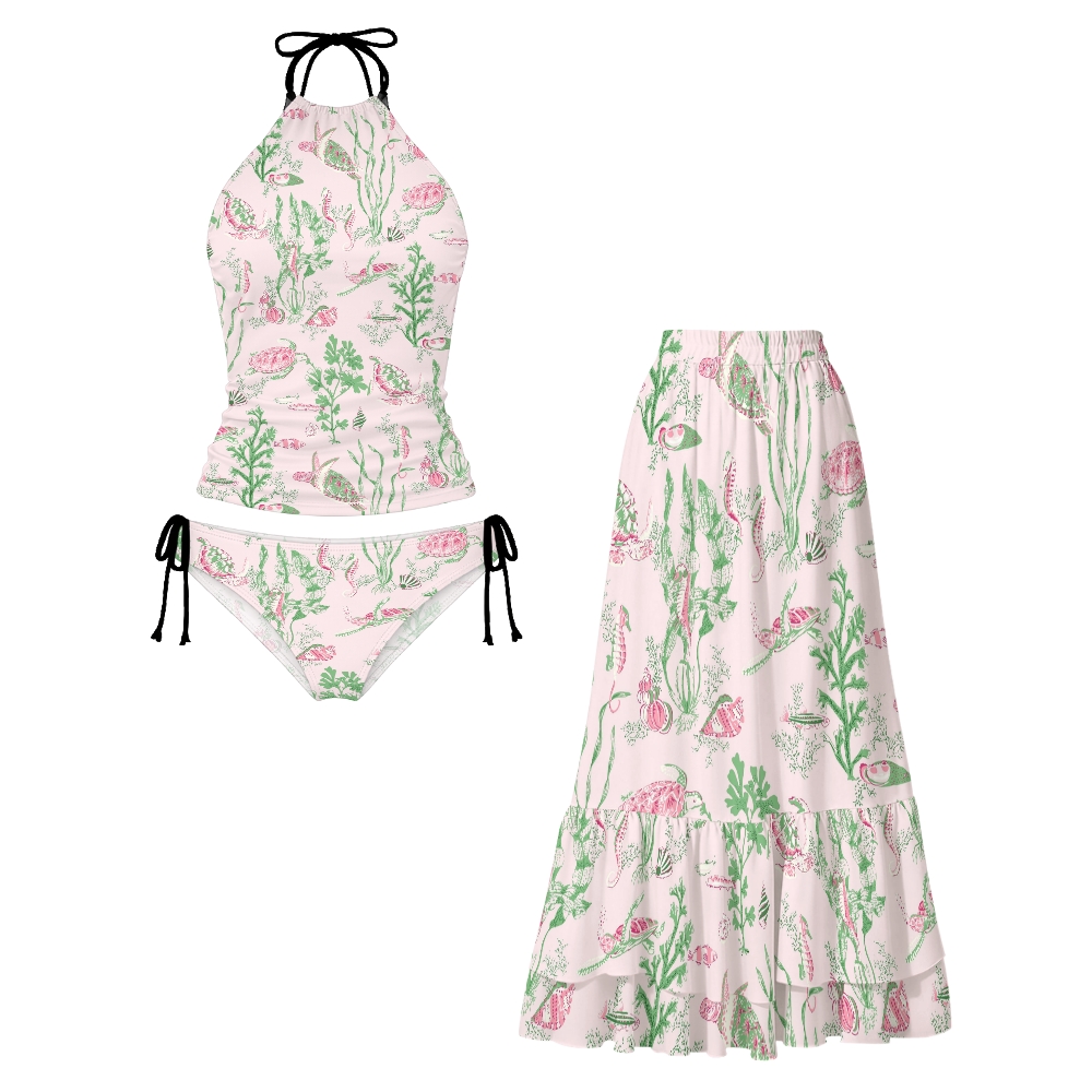 Marine Turtle Seaweed Print Halter Side Tie Tankini Set With Skirt