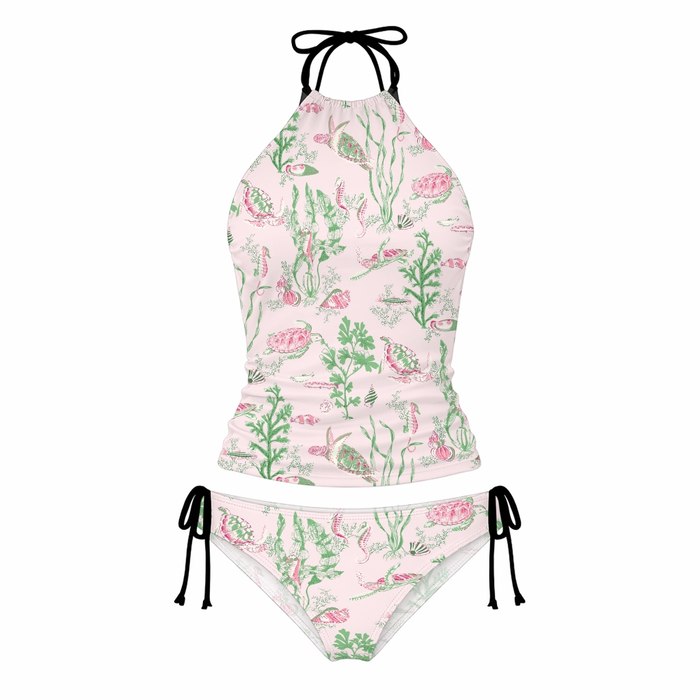 Marine Turtle Seaweed Print Halter Side Tie Tankini Set With Skirt