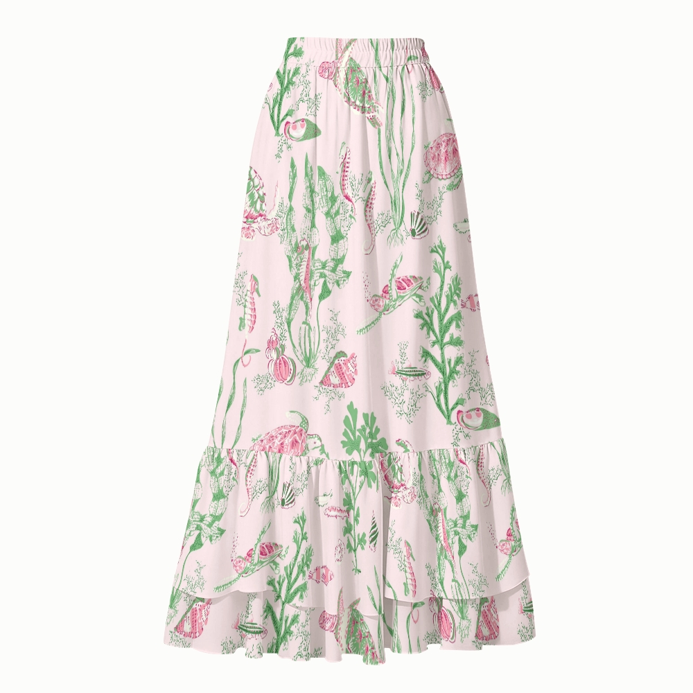 Marine Turtle Seaweed Print Halter Side Tie Tankini Set With Skirt