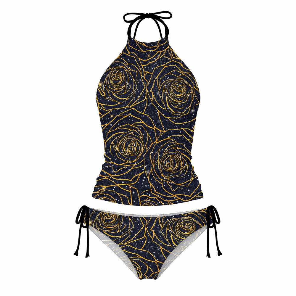 Gold Line Starry Rose Print Halter Side Tie Tankini Set With Skirt