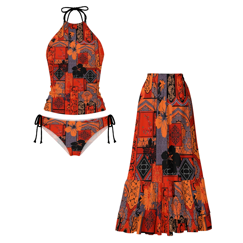 Boho Patchwork Floral Halter Tankini Set With Skirt