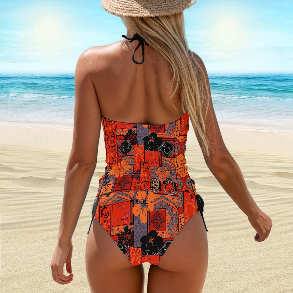 Boho Patchwork Floral Halter Tankini Set With Skirt