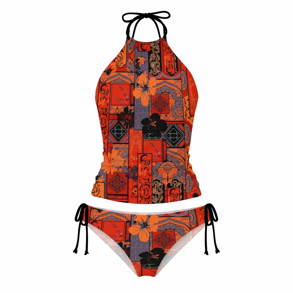 Boho Patchwork Floral Halter Tankini Set With Skirt