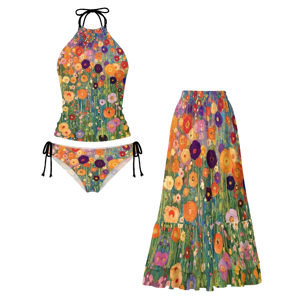 Garden Floral Oil Print Halter Side Tie Tankini Set With Skirt