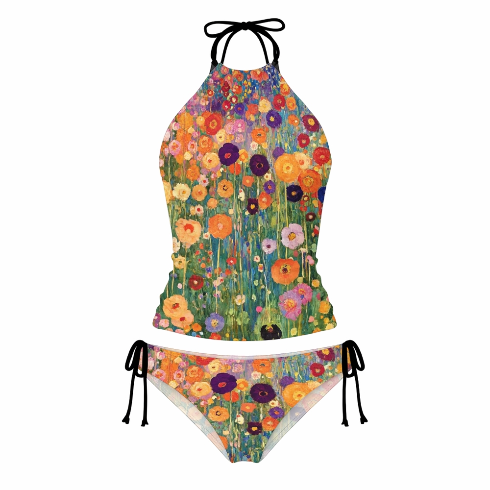 Garden Floral Oil Print Halter Side Tie Tankini Set With Skirt