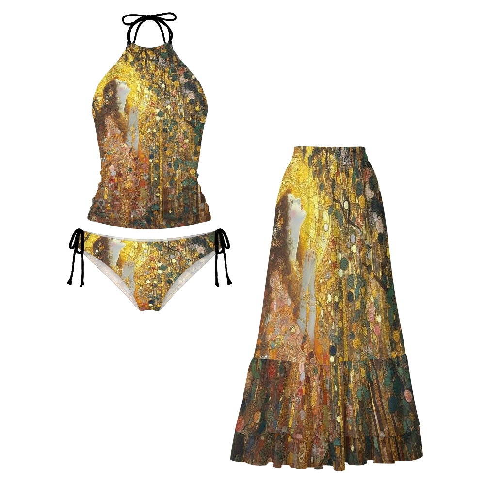 Golden Praying Girl Oil Print Halter Side Tie Tankini Set With Skirt