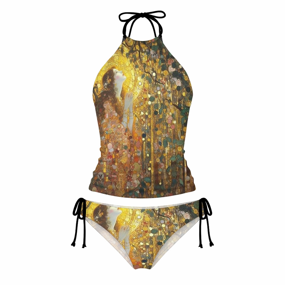 Golden Praying Girl Oil Print Halter Side Tie Tankini Set With Skirt