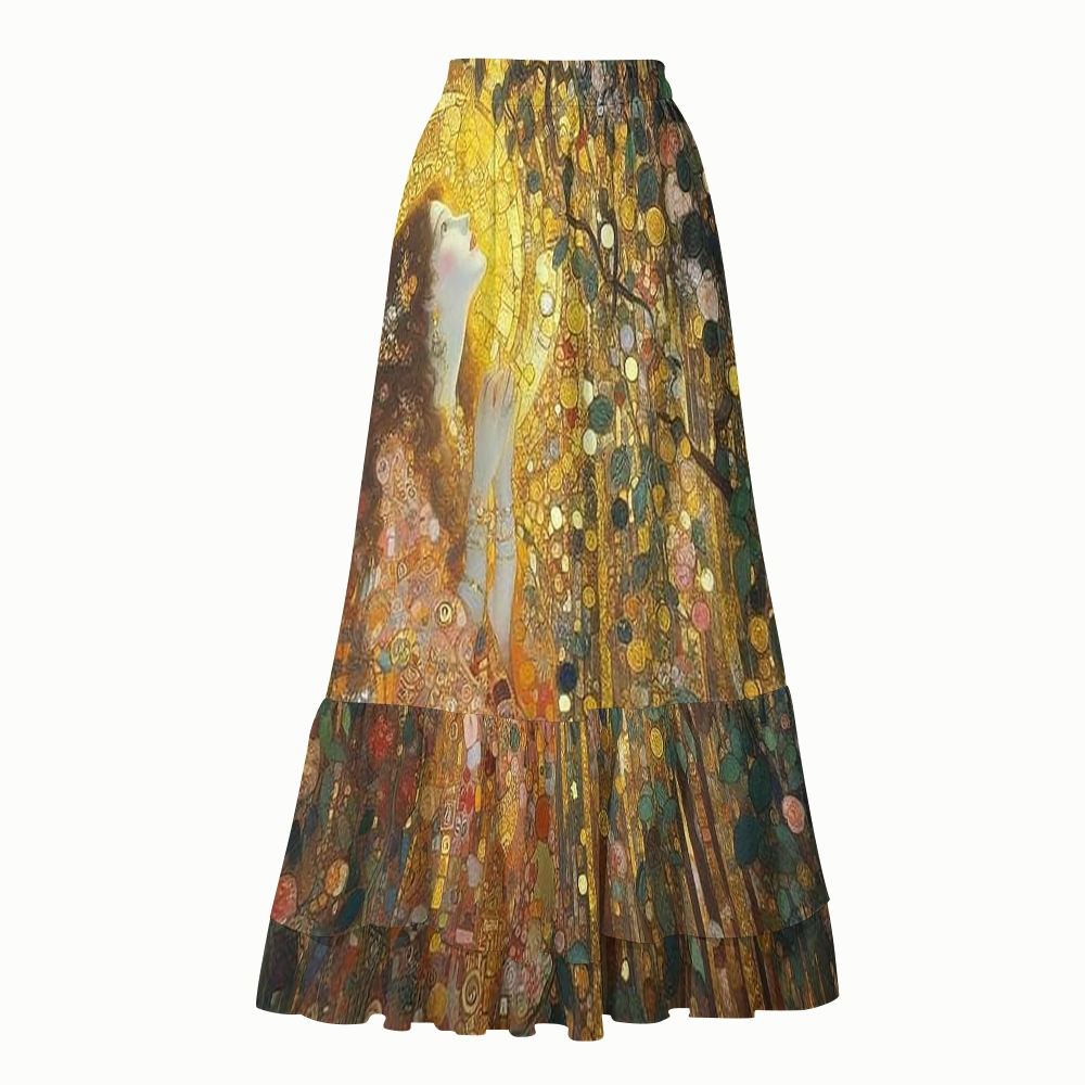 Golden Praying Girl Oil Print Halter Side Tie Tankini Set With Skirt
