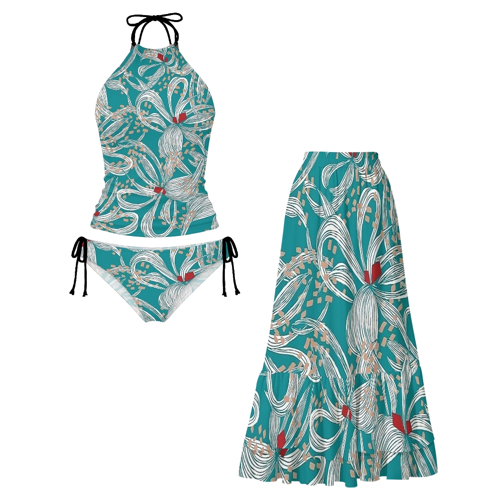 Line Art Floral Print Halter Side Tie Tankini Set With Skirt