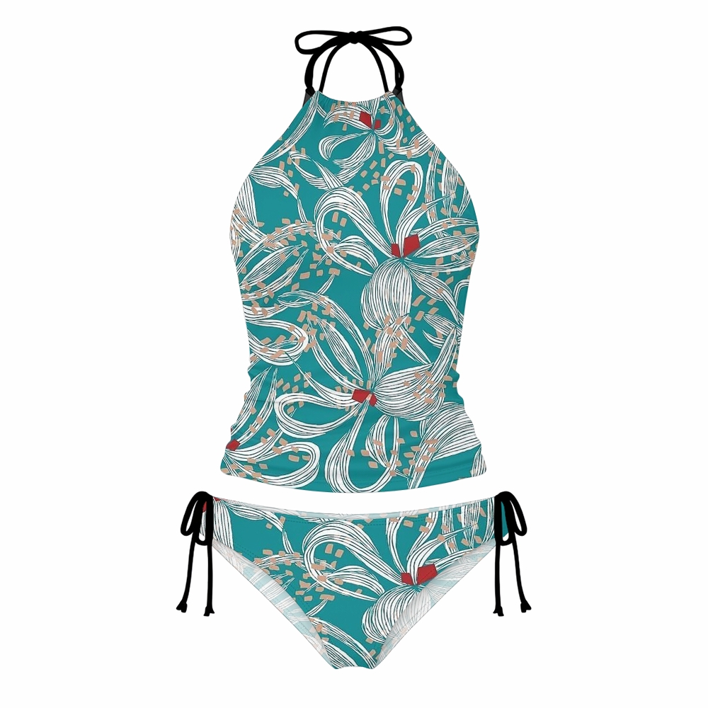 Line Art Floral Print Halter Side Tie Tankini Set With Skirt