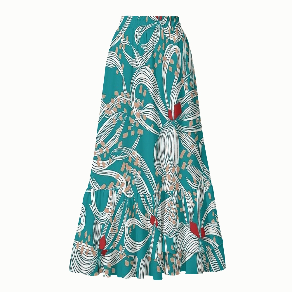 Line Art Floral Print Halter Side Tie Tankini Set With Skirt