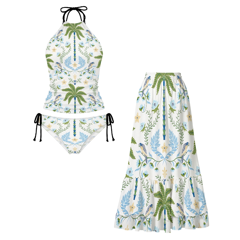 Tropical Palm Bird Print Halter Side Tie Tankini Set With Skirt