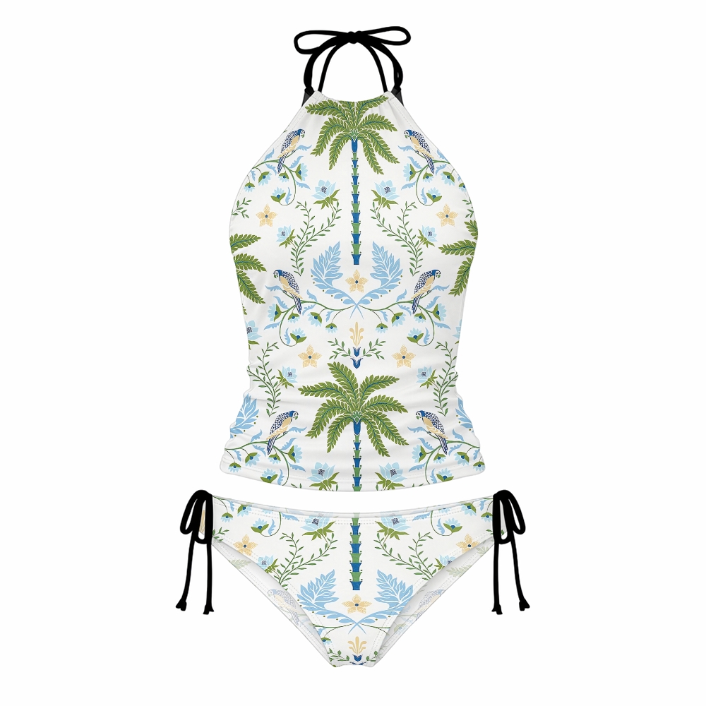 Tropical Palm Bird Print Halter Side Tie Tankini Set With Skirt