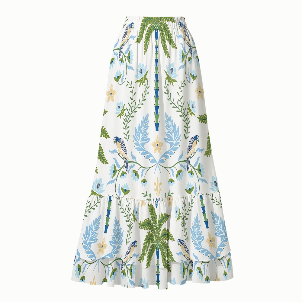 Tropical Palm Bird Print Halter Side Tie Tankini Set With Skirt