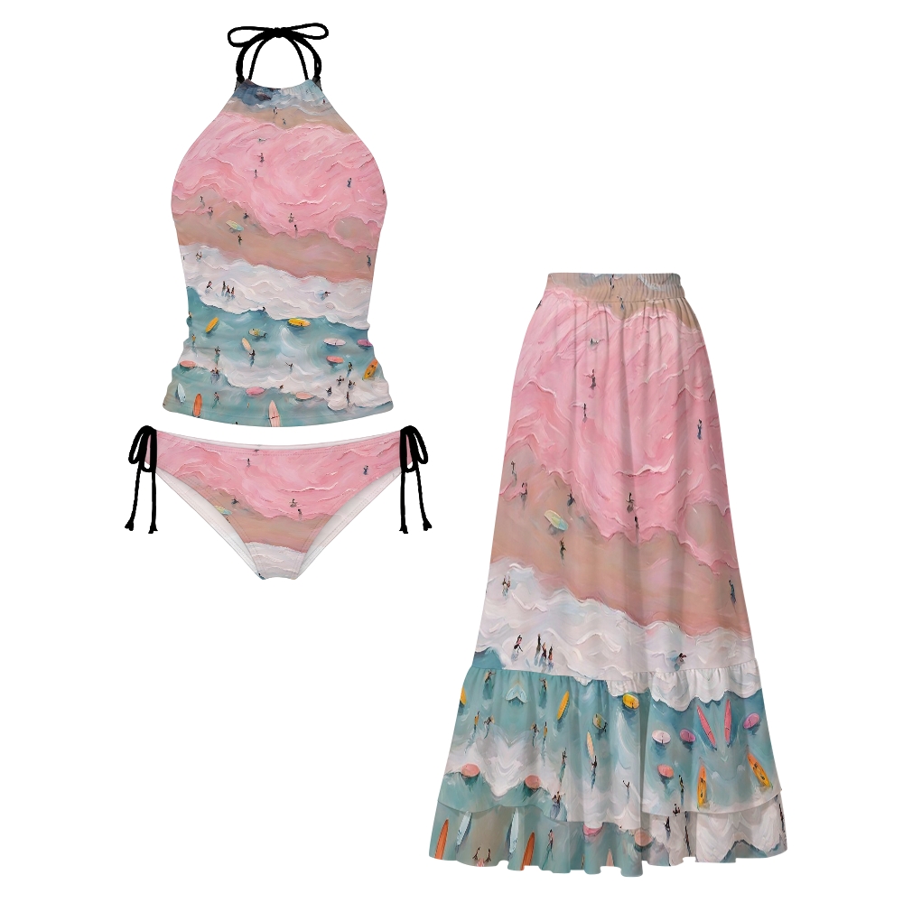 Pink Beach Oil Painting Print Halter Side Tie Tankini Set With Skirt